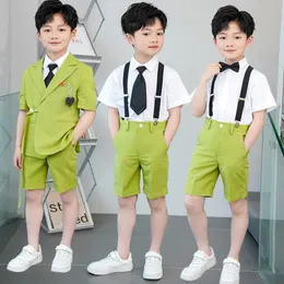 Suits Children Formal Green Summer Suit Set Boy Shortsleeved Blazer Shorts Bowtie Clothes Kids Wedding Host Party Pography Costume 230608