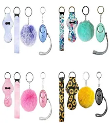 7 Colors Fashion Defense Keychains Set Pompom Alarm Keychain Lipstick Holder And Wristband For Woman Men Selfdefense Keyring3486621