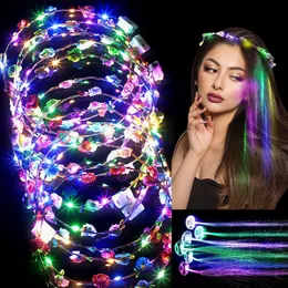 LED Flower Crown Headband and LED Lights Hair Set 12 Pieces Luminous LED Headpiece Light up Flowers Wreath Headdress Headpiece Flower Crowns Glow in the Dark for Women