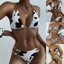Women's Swimwear bikini chain sexy open back split swimsuit Cow Print Bikini 230608
