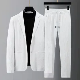 Herrdräkter Blazers Men Suit DrawString Pants Set Tracksuit Spring Autumn Pleated Thin Casual Outfits Black White Single Button 230609