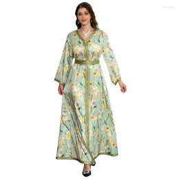 Etniska kläder Mellanöstern Muslimsk kvinna Eleganta klänningar Jalabiya Ribbon Printing Dubai Arabic Evening Dress for Party Abaya Robe