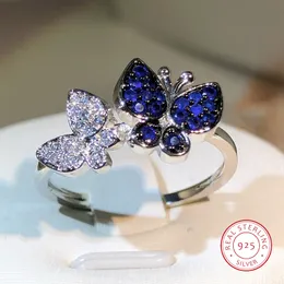 Wedding Rings 925 Silver High Quality Blue And White Zircon Adjusted Ring For Women Fashion Jewelry Party Engagement Gift 230608