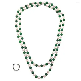 Kedjor hand knuten blandad 120 cm långt halsband sötvatten 7-8 mm odlade vita pärlor grön jade tröja kedja