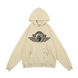 Mäns hoodies bär mäns 2023 Autumn Winter Trendy Brand Old Broken Hole Washed Angel Printing Loose Hooded tröja för män och kvinnor