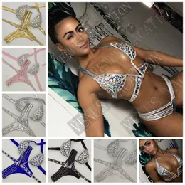 Women's Swimwear vacation sexy diamond Big V bikini set bling stones bathing suit good quality swimsuit brazilian swim 230608