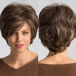 Perucas Sintéticas ALAN EATON Curto Pixie Cut Cabelo Ondulado Com Franja Lateral Natural Misturado Marrom Escuro Loiro Dourado Para Mulheres Negras