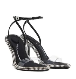 Elegant Summer Brand Wang Delphine Sandals Shoes Women Black Stain Pointed toe Julie Gladiator Sandalia Crystal Branding Straps Lady Stiletto Heel
