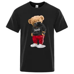 Mäns T-shirts 100% Cotton Sports Mask Bear Print Kortärmad T-shirt Mannen halvärmad sommar Casual överdimensionerad T-shirt Mänskjorta S-XXXL 230608