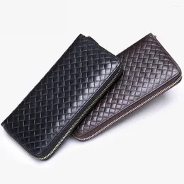 ウォレットメンズニット本物のレザーロングウォレット高品質の豪華な織りパターン自然財布のためのマンデザイナー2023
