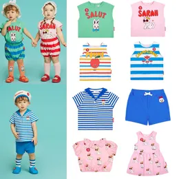 Conjuntos de roupas Bebe Coreano Baby T Shirts Cartoon Girls Dress Cute Tee Summer Striped Boy Sleeveless Vest Tshirt Jersey Shorts Cloth 230608