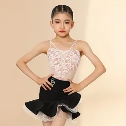 Stage Wear Kids Latin Dance Dress Girls White Lace Bodysuit Tops Black Skirt Competition Rumba Cha Practice Clothes JL5573