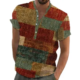 Camisa masculina havaiana vintage patchwork impressão 3D decote em V mangas curtas roupas de rua Henry