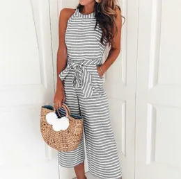 2018 Kvinnor Summer O-hals Bowknot Pants PlaySuit Sashes Pockets ärmlösa Rompers Overalls Sexig Office Lady Striped Jumpsuits