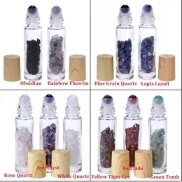 Top 10ml Essential Oil Diffuser Clear Glass Roll on Perfume Bottles with Crushed Natural Crystal Quartz Stone