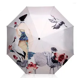 Guarda-chuvas pintura criativa revestimento preto guarda-chuva três dobras paraguas mulheres guarda-sol anti-uv chuva à prova dwaterproof água