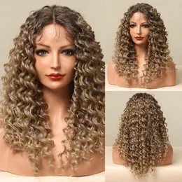 Cabelo sintético encaracolado médio com frente de renda com parte do meio de bebê ombré marrom escuro onda profunda para mulheres