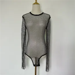 Women's Swimwear Women Summer Hollow Out Sexy Crystal Diamond Bodysuit Long Sleeves Fishnet Body Top Backless See Through Bodysuits 230608