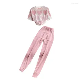 Women's Two Piece Pants 2023 Spring Summer Women Knitted Sets High Quality Beading Sweet Love Pattern Sweater And Long Set