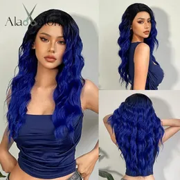 Sapphire Blue Hair With Black Roots Long Curly Side Parting Lace Ftontal For Women Afro Cosplay Heat Resist