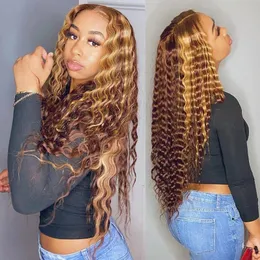Human Chignons Curly Hair Wig Honey Blonde Ombre 13x1 Brazilian Brown Color Deep Water Wave Hd Frontal Highlight Bob Lace Front Wigs 230609