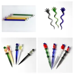 4types Colorful Pencil Style Glass Wax Dabber Smoking Tool Stick Carving Dry Herb Tobacco Nail Tools Dab Rigs Pipe For Water Bong