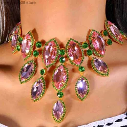 Pendant Necklaces Stonefans Exaggerated Geometric Pink and Green Crystal Necklace Fashion Big Choker Necklace for Gift Drag Queen Jewelry T230609