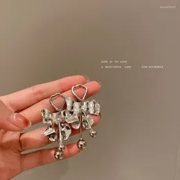 Dangle Earrings Korean Fashion S925 Silver Needle Surface Irregular Bow Metal Luster Women Drop Beads Cool Girl Sweet