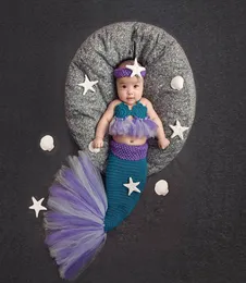 2019new Baby Girl Knitted Mermaid Costumes Tutu Mesh Lace Mermaid Tail Clothing Newborn Bebe Pography Props Starfish HeadbandMX3534648