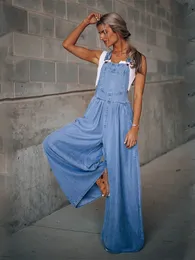 Kvinnors jumpsuits Rompers Summer Overalls For Women Blue Denim Onepiece Loose Wideleg med Pocket Highwaist 230609