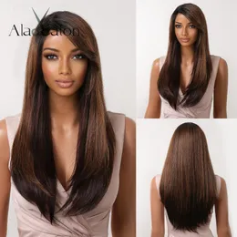 Lace Front Brown Long Straight Side Part Synthetic For Black Women Ombre Daily Cosplay Heat Resistant
