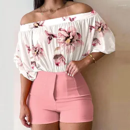 Fatos de treino femininos conjuntos de duas peças moda floral estampado top de um ombro e shorts de cintura alta ruched de cor lisa terno elegante feminino