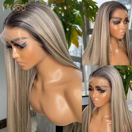 Pezzi di capelli YYsoo Long Silky Straight Ombre Highlights Sintetico 13x4 Futura Anteriore in pizzo per le donne Pre pizzicate Attaccatura dei capelli Radici scure 230609