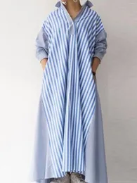 Vestidos Casuais Moda Vestido Listrado Decote Longo Manto Solto Camisa Azul Branco Blusa Vertical Para Senhora Robe Elegante