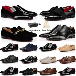 Mens Casual Ayakkabı Tasarımcısı Lüks Kırmızı Dipler Loafers Ayakkabı Klasik Siyah Süet Patent Deri Perçinler Glitter Loafer Erkek Moda Spor ayakkabıları 38-47 Kutu ile