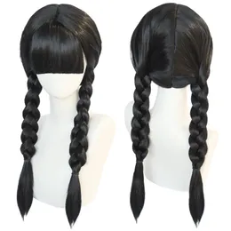 Hair pieces Anogol Synthetic Wednesday Addams Cosplay Movie The Family Long Black Braids with Bangs for Halloween Party 230609