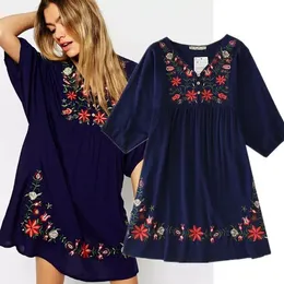 2021 New Arrivals Ethnic Flowers Embroidery Mini One-piece Dress For Women Girls Vintage Boho