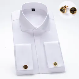 Herrklänningskjortor Windsor Collar French Cuff Dress Shirt Fashion Men's Long Sleeve Luxury Business Formal Shirts Covered Button Cufflink Shirt 230609