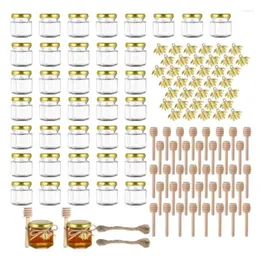 Storage Bottles 1.5OZ 60Pack Hexagon Mini Glass Honey Jars With Wooden Dipper Gold Lids Bee Pendants Jutes 60 Pack Perfect For Baby Showers