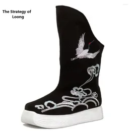 Boots Spring Autumn National Style Thick Bottom Platform Embroider Cotton Fabric Men Mid-Calf Riding Equestrian Winter Plush