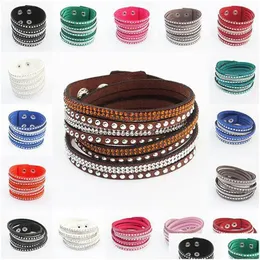 Chain Selling Rhinestone Crystal Mtilayer Bracelets Bangles Flannel Leather Wrap Bracelet Wristbands For Women Snap Button Jewelry 4 Dh0Ry