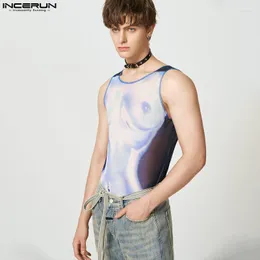 Men's Tank Tops American Style Men Funny Muscle Pattern Dazzle Color Waistcoat Stylish Abstract Printing Mesh Vests S-5XL INCERUN 2023