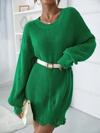 Casual Dresses Women O-neck Knitted Dress Autumn Winter Long Sleeve Elegant Mini Sweater Solid Hollow Out Female Clothes