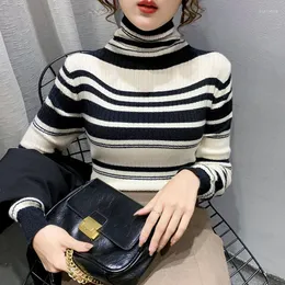 Women's Sweaters Fall Winter European Clothes Knitted Turtleneck Fashion Striped Color Blocking Women Pullover Basic Slim Tops 1104