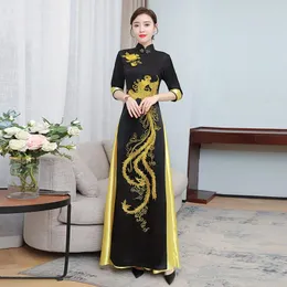 Ethnic Clothing Chinese Style Black Cheongsam Robe Harajuku Dragon Embroidery Dress Vintage China Traditional Qipao Long Oriental Ao Dai