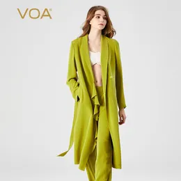 Women's Trench Coats VOA 30 Momme Heavyweight Mulberry Silk Olive Green V-neck Long Sleeve Two Button Belt Pocket Middle Windbreaker FE369