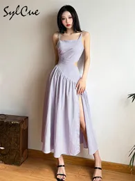 Casual Dresses Sylcue Summer Bachelorette Party Violet Elegant Mature Dignified Generous Formal Simple Sexy Women's Sling Pleated Long