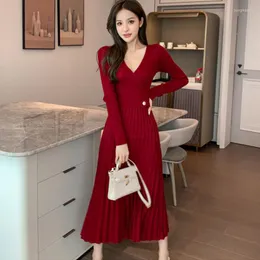 Casual Dresses for Women Top V-Neck Slim-Fit Pleated Knitted Dress Overkne Long Fall/Winter Sweater Vestido de Mujer