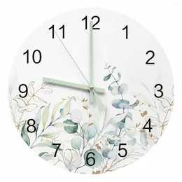 Wall Clocks Watercolor Eucalyptus Leaves Abstract Art Plant Luminous Pointer Clock Home Ornaments Round Silent Living Room Decor