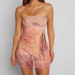 Vestido de Duas Peças hirigin Y2K Conjunto de Duas Peças Feminino Vintage Estampado Sem Alças Tubo Top Mesh Bodycon Minissaia Conjunto Estético Grunge Streetwear 230609